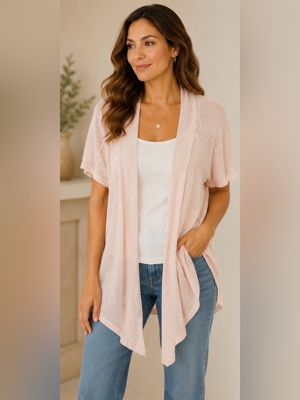 Lane Bryant Light Pink Open-Front Short Sleeve Cardigan